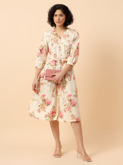 Flared Dress for Women | Breathable & Soft with Color Fastness Regular Fit Cotton Fabric Printed Pattern V-Neck Collar