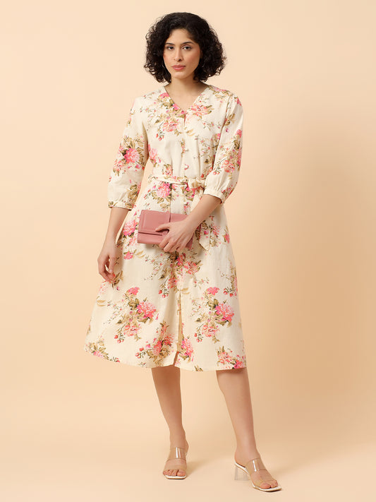 Flared Dress for Women | Breathable & Soft with Color Fastness Regular Fit Cotton Fabric Printed Pattern V-Neck Collar