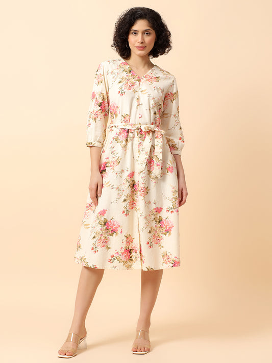 Flared Dress for Women | Breathable & Soft with Color Fastness Regular Fit Cotton Fabric Printed Pattern V-Neck Collar