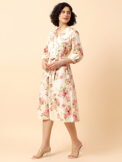 Flared Dress for Women | Breathable & Soft with Color Fastness Regular Fit Cotton Fabric Printed Pattern V-Neck Collar