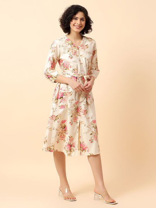 Flared Dress for Women | Breathable & Soft with Color Fastness Regular Fit Cotton Fabric Printed Pattern V-Neck Collar