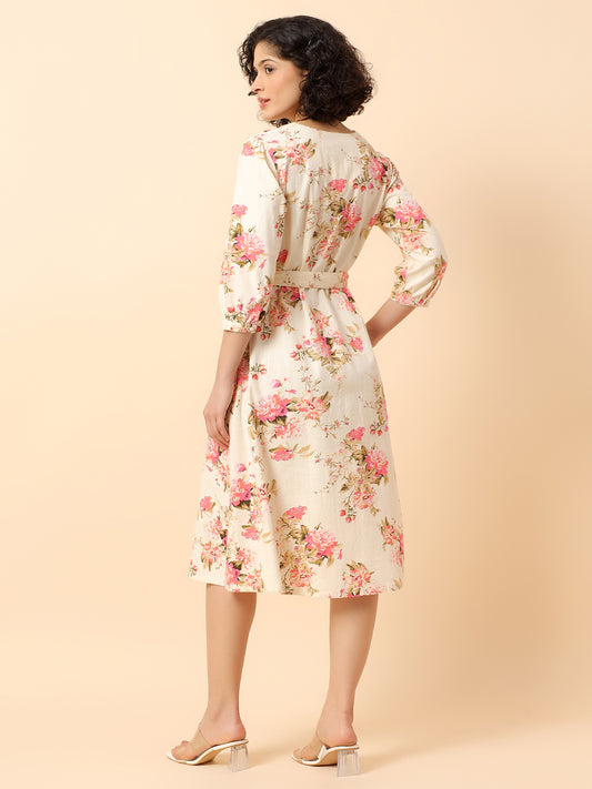 Flared Dress for Women | Breathable & Soft with Color Fastness Regular Fit Cotton Fabric Printed Pattern V-Neck Collar