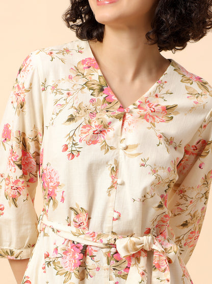 Flared Dress for Women | Breathable & Soft with Color Fastness Regular Fit Cotton Fabric Printed Pattern V-Neck Collar