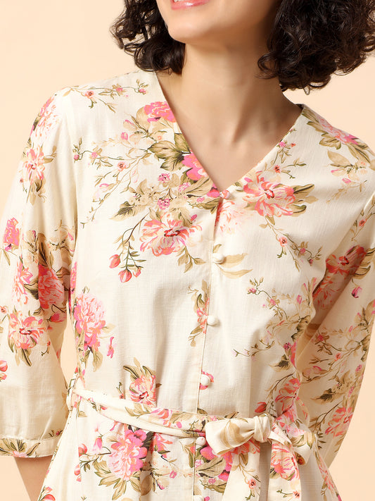 Flared Dress for Women | Breathable & Soft with Color Fastness Regular Fit Cotton Fabric Printed Pattern V-Neck Collar