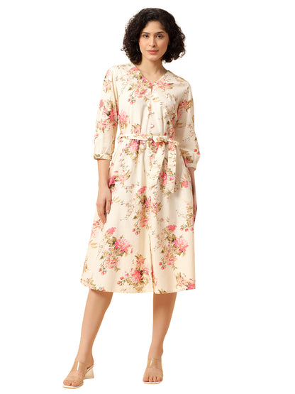 Flared Dress for Women | Breathable & Soft with Color Fastness Regular Fit Cotton Fabric Printed Pattern V-Neck Collar