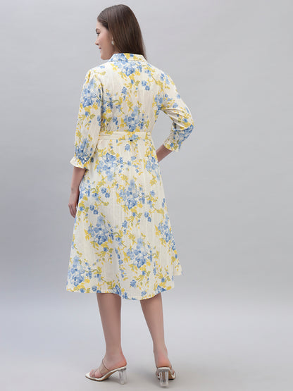 Women's Printed Off White 3/4th Sleeves Spread Collar Casual Dress