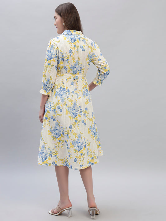 Women's Printed Off White 3/4th Sleeves Spread Collar Casual Dress