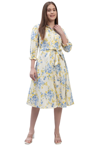 Women's Printed Off White 3/4th Sleeves Spread Collar Casual Dress