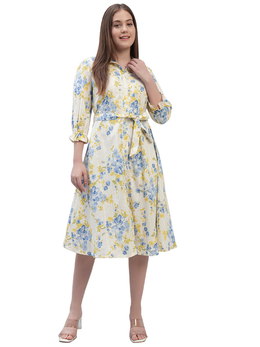Women's Printed Off White 3/4th Sleeves Spread Collar Casual Dress