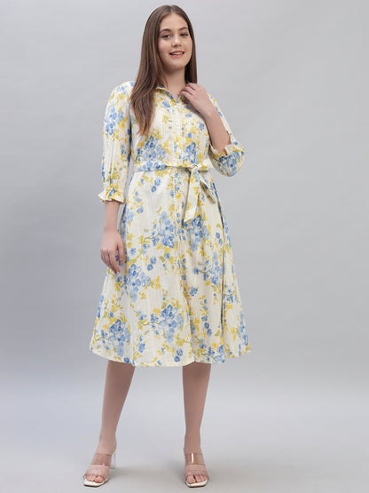 Women's Printed Off White 3/4th Sleeves Spread Collar Casual Dress