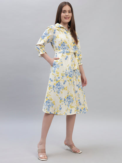 Women's Printed Off White 3/4th Sleeves Spread Collar Casual Dress