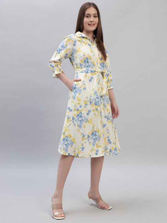 Women's Printed Off White 3/4th Sleeves Spread Collar Casual Dress