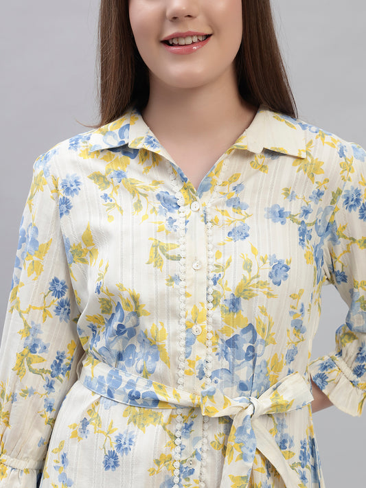 Women's Printed Off White 3/4th Sleeves Spread Collar Casual Dress