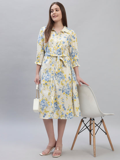 Women's Printed Off White 3/4th Sleeves Spread Collar Casual Dress