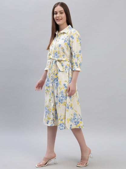 Women's Printed Off White 3/4th Sleeves Spread Collar Casual Dress