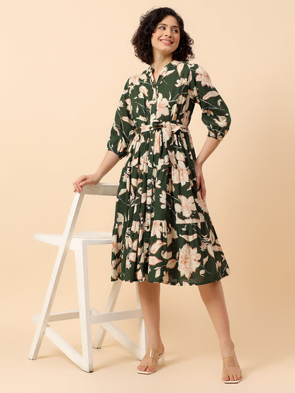 Flared Dress for Women | Breathable & Soft with Color Fastness Regular Fit Cotton Linen Fabric Printed Pattern Band Neck Collar