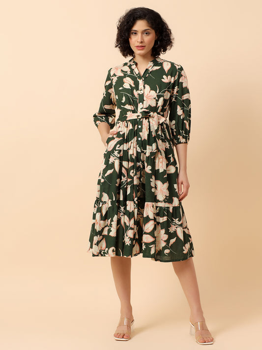 Flared Dress for Women | Breathable & Soft with Color Fastness Regular Fit Cotton Linen Fabric Printed Pattern Band Neck Collar