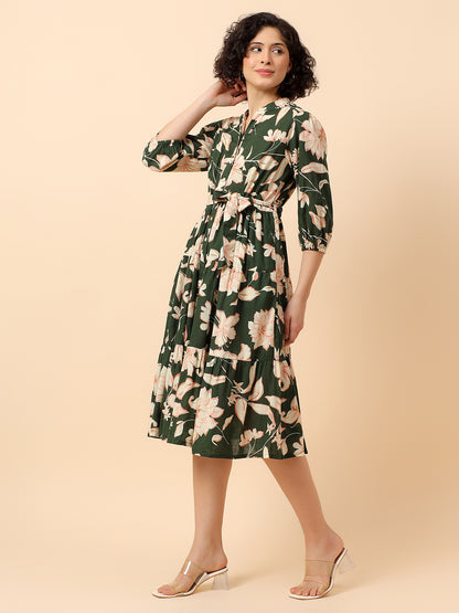 Flared Dress for Women | Breathable & Soft with Color Fastness Regular Fit Cotton Linen Fabric Printed Pattern Band Neck Collar