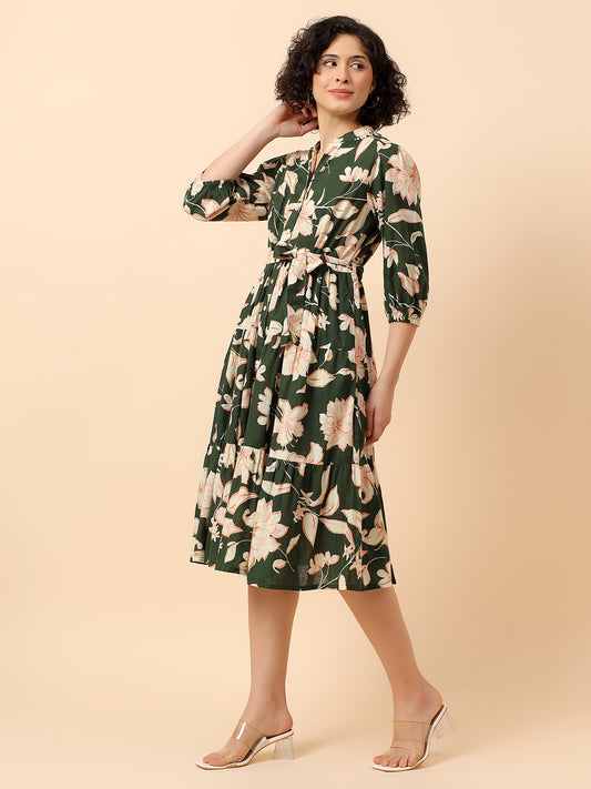 Flared Dress for Women | Breathable & Soft with Color Fastness Regular Fit Cotton Linen Fabric Printed Pattern Band Neck Collar