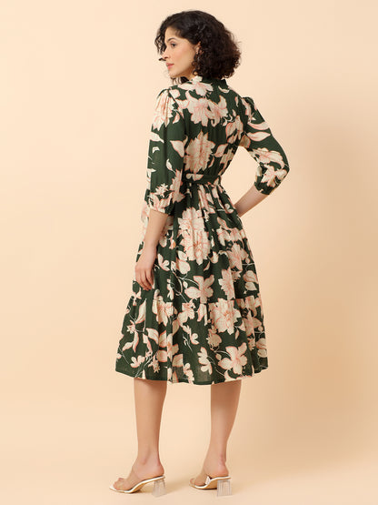 Flared Dress for Women | Breathable & Soft with Color Fastness Regular Fit Cotton Linen Fabric Printed Pattern Band Neck Collar