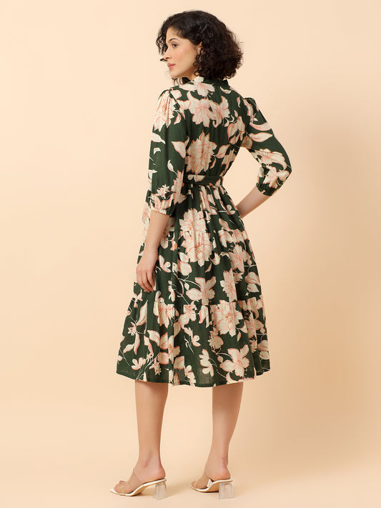 Flared Dress for Women | Breathable & Soft with Color Fastness Regular Fit Cotton Linen Fabric Printed Pattern Band Neck Collar