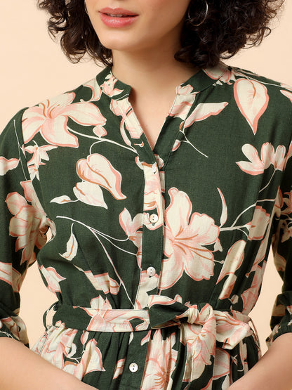 Flared Dress for Women | Breathable & Soft with Color Fastness Regular Fit Cotton Linen Fabric Printed Pattern Band Neck Collar