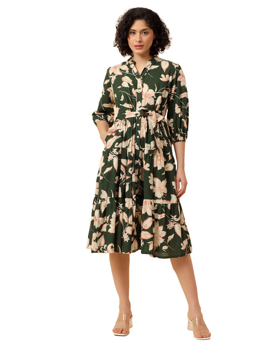 Flared Dress for Women | Breathable & Soft with Color Fastness Regular Fit Cotton Linen Fabric Printed Pattern Band Neck Collar