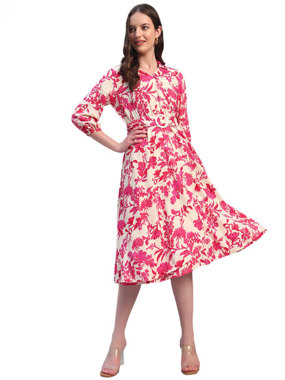 Women Printed Pink V-Neck 3/4th Sleeves Casual Dress