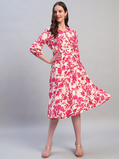 Women Printed Pink V-Neck 3/4th Sleeves Casual Dress