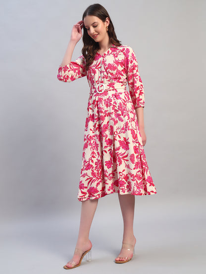 Women Printed Pink V-Neck 3/4th Sleeves Casual Dress