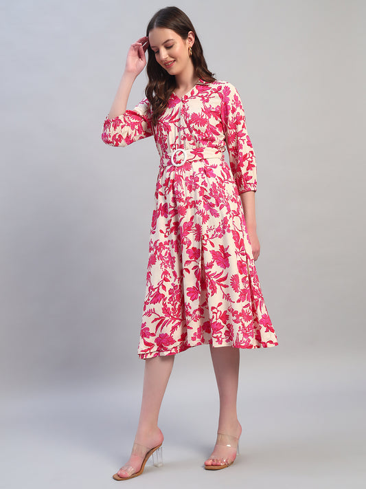 Women Printed Pink V-Neck 3/4th Sleeves Casual Dress