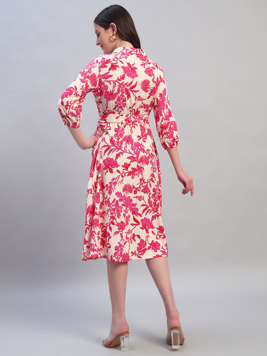 Women Printed Pink V-Neck 3/4th Sleeves Casual Dress