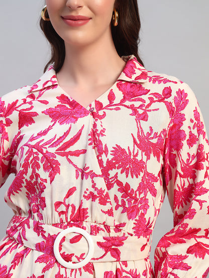 Women Printed Pink V-Neck 3/4th Sleeves Casual Dress