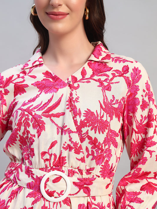 Women Printed Pink V-Neck 3/4th Sleeves Casual Dress