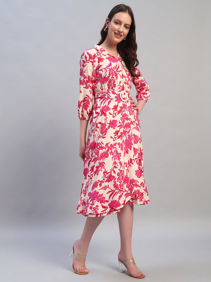 Women Printed Pink V-Neck 3/4th Sleeves Casual Dress