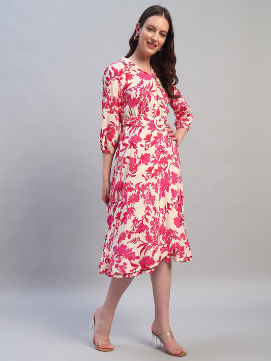 Women Printed Pink V-Neck 3/4th Sleeves Casual Dress
