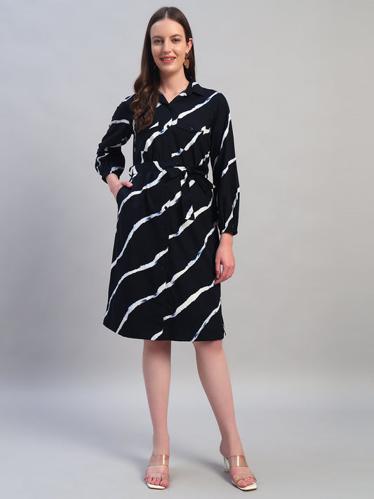 Women Printed Navy Blue Spread Collar Full Sleeves Casual Dress