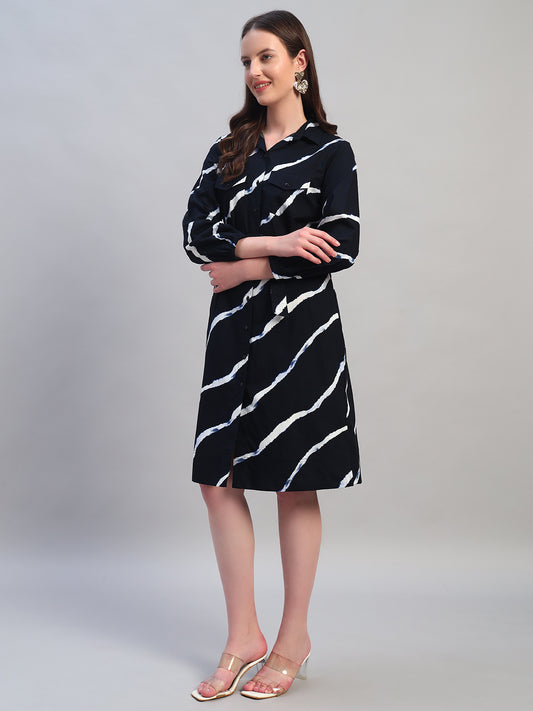 Women Printed Navy Blue Spread Collar Full Sleeves Casual Dress