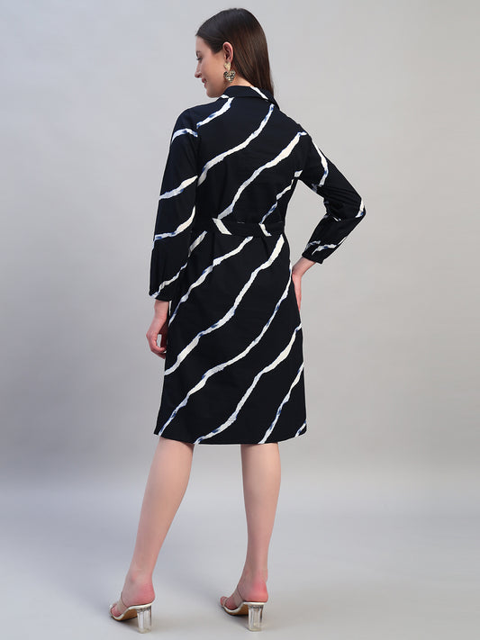 Women Printed Navy Blue Spread Collar Full Sleeves Casual Dress