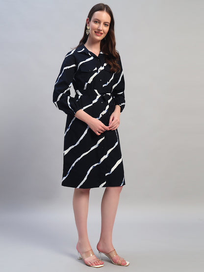 Women Printed Navy Blue Spread Collar Full Sleeves Casual Dress