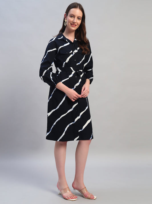 Women Printed Navy Blue Spread Collar Full Sleeves Casual Dress