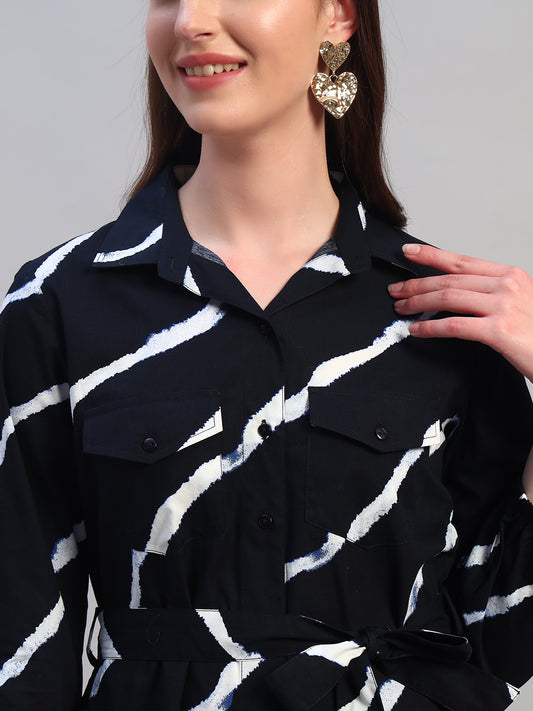 Women Printed Navy Blue Spread Collar Full Sleeves Casual Dress