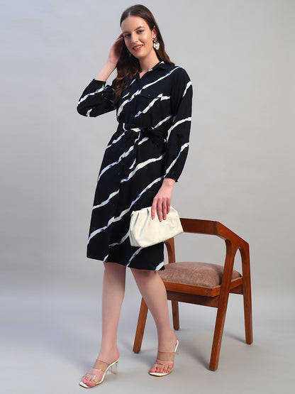 Women Printed Navy Blue Spread Collar Full Sleeves Casual Dress