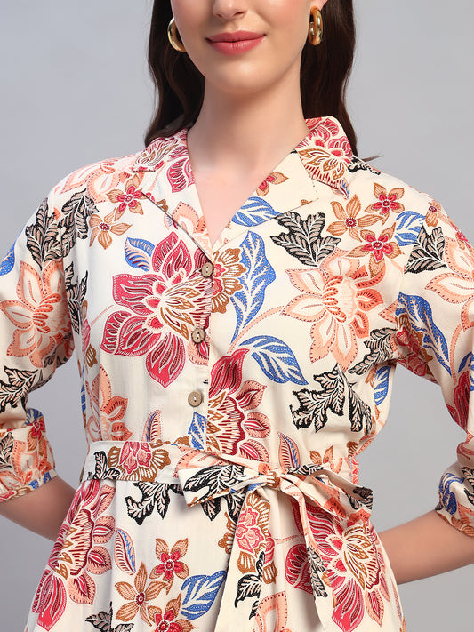 Women Printed Off-White Spread Collar 3/4th Sleeves Casual Dress