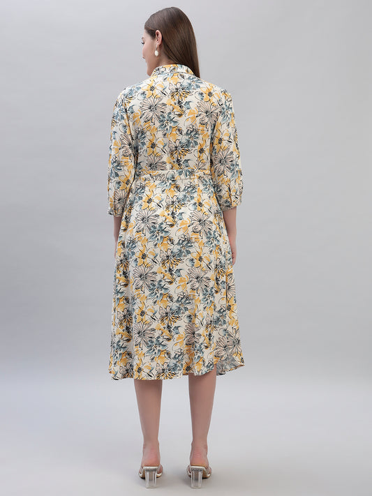 Women's Printed Multi 3/4th Sleeves Spread Collar Casual Dress