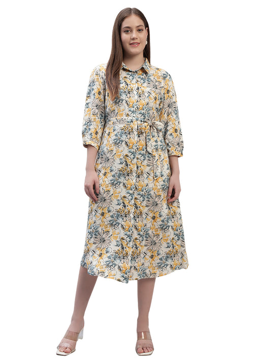Women's Printed Multi 3/4th Sleeves Spread Collar Casual Dress