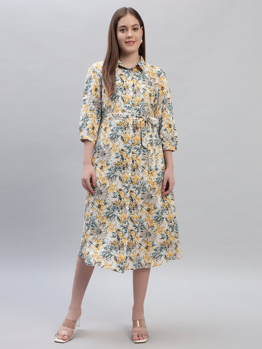 Women's Printed Multi 3/4th Sleeves Spread Collar Casual Dress