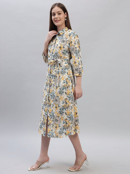 Women's Printed Multi 3/4th Sleeves Spread Collar Casual Dress