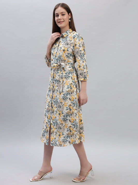 Women's Printed Multi 3/4th Sleeves Spread Collar Casual Dress