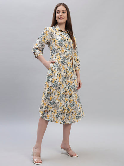 Women's Printed Multi 3/4th Sleeves Spread Collar Casual Dress